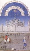LIMBOURG brothers The medieval Louvre is in the background of the October calendar page (mk05) oil painting on canvas